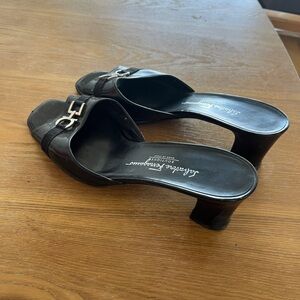 Salvatore Ferragamo Black Heeled Mules with Silver Buckle